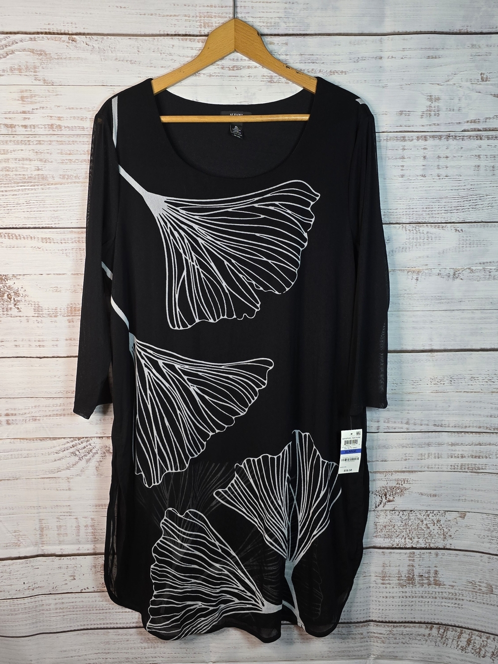 Alfani Graphic Nature XL Black Ginkgo Leaf Sheer Layered Tunic Top NWT
